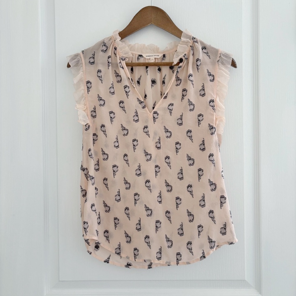 Rebecca Taylor Blush Tulip Print Silk Chiffon High Neck Blouse Sz 0 Quiet Luxe